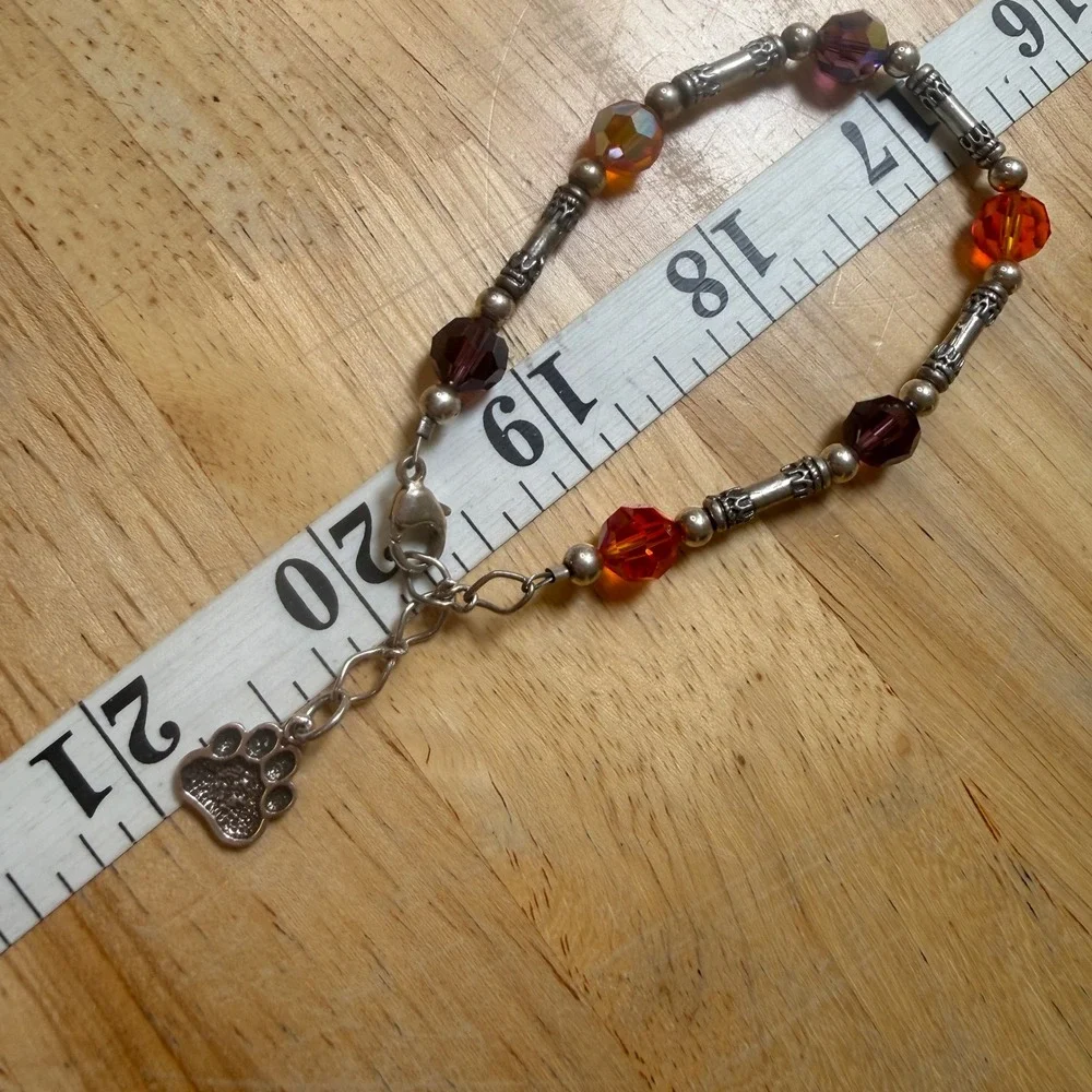 Boho Paw Print Crystal Beaded Silver Tone Bracelet 925 Sterling